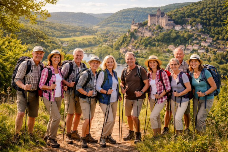 Groupe de randonneurs en Dordogne dans le Périgord Noir au camping Les Pialades.